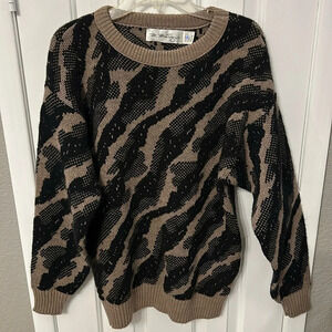 M. Mantogne Men’s (M) Black Tan 3D Knit Neutral Crewneck Sweater Vintage 80’s